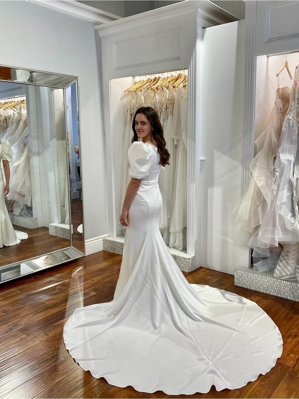 Miosa Bride Ivory Satin Sheath Puff Sleeve Wedding Dress Le Blanc by Casablanca